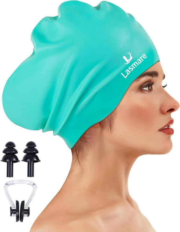 Large Long Hair Swim Cap - Silicone Swimming Cap for Women Men, Extra Room for Long Thick Hair with Ear Plugs