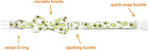 Dog Collar with Bow Tie, Quick Release Buckle, Cute Pattern, Small Medium Large, Green Avocado