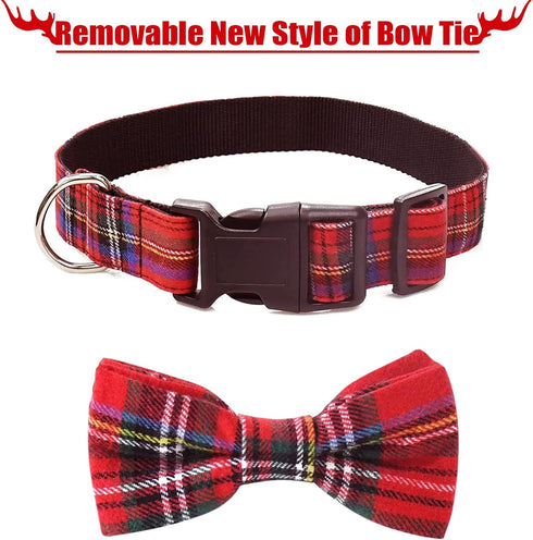 Malier Christmas Classic Plaid Dog Collar with Bow Tie, Adjustable Buckle for Small Medium Large Pets - S