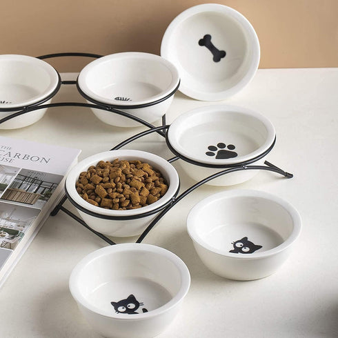 Ceramic Elevated Pet Raised Cat Food Bowls Set, 12 Ounce Bowls for Small Dogs, Dishwasher Safe Dog Bowls