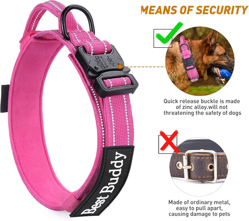 Reflective Tactical Dog Collar, Adjustable Military Nylon with Handle for Medium Large Dogs, Pink, XL
