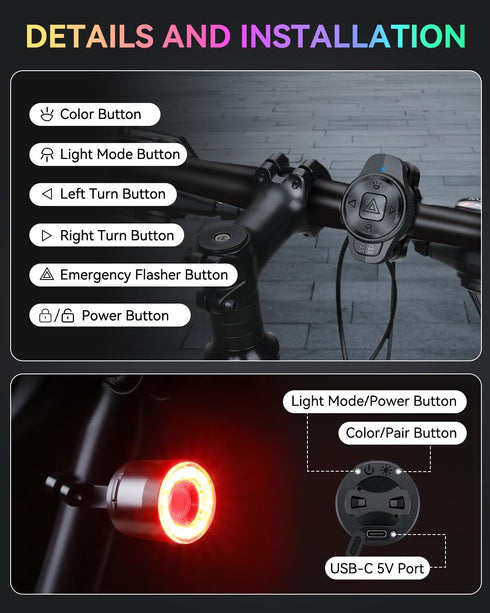 ONVIAN Colorful Bike Tail Light with Turn Signals, USB Rechargeable, 15 Light Modes, 7 Colors, Waterproof Cycling Safety