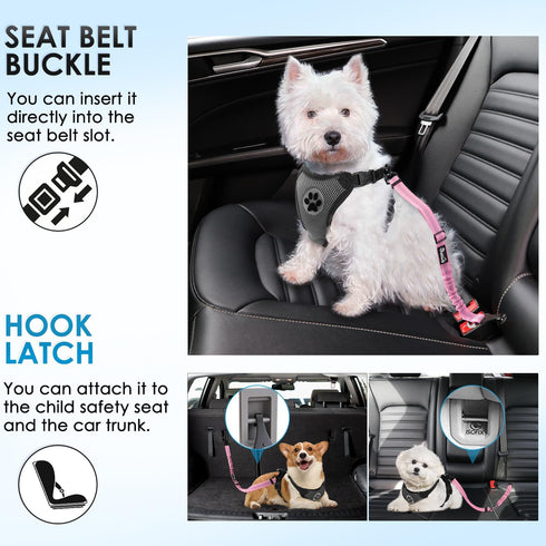2 Pack Lukovee Dog Seatbelt Leash for Cars, Pet Safety Seat Belt with Adjustable Buckle & Reflective Bungee, Connect