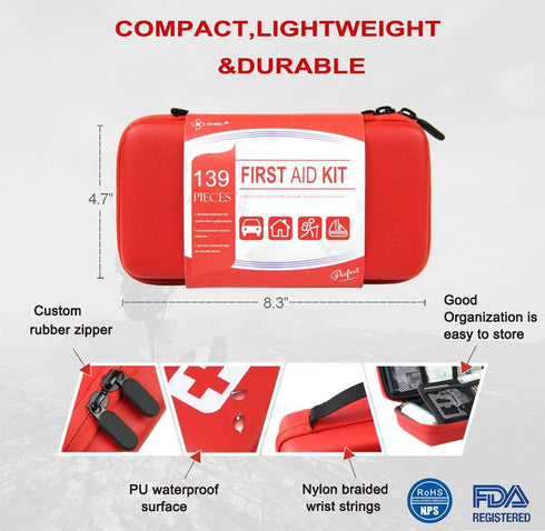 SHBC Compact First Aid Kit (139 Piece) Waterproof Adventure Medical Kits, Includes Emergency Blanket, Fire Starter,