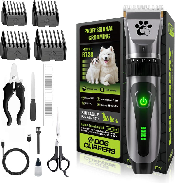 Coldspot Dog Clippers Cordless, Professional Cat Trimmer, 2-Speed Low Noise Dog Grooming