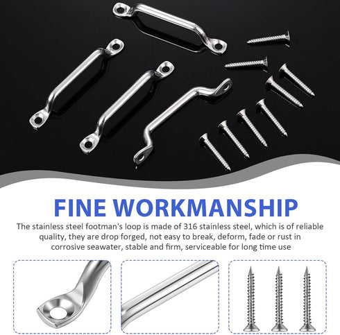 Stainless Steel Footman Loop with Flat Head Tapping Screws, Bimini Top Strap for Kayak and Boat