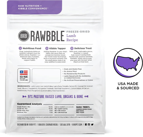 BIXBI Rawbble Freeze Dried Dog Food, Lamb Recipe, 4.5 oz - 97% Meat and Organs, No Fillers, USA Made in Small Batches