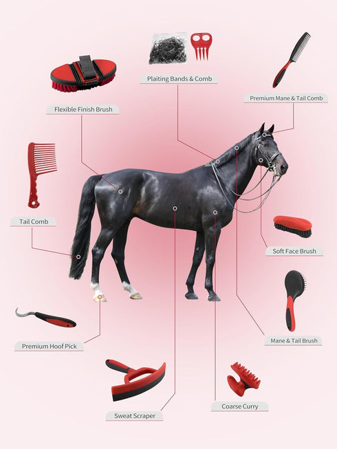 9-Piece Set Harrison Howard Horse Grooming Kit, with Non-Slip Silicone Grip for Bathing, Shedding & Hoof Care Red