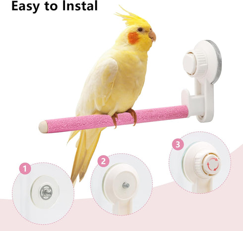 2Pcs Suction Cup Bird Perch, Wooden Parrot Window/Mirror/Car/Travel/Shower Perches for Small and Medium Birds (Pink)