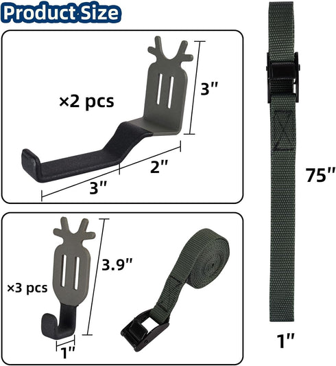 Highwild Treestand Strap Gear & Bow Hangers - Multi-Hook Accessory Holder for Hunting Gears, 3 Gear Hooks + 2 Bow