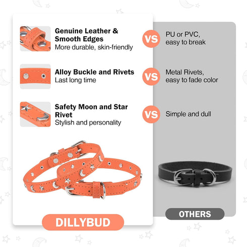 Leather Dog Collar for Small Medium Dogs, Adjustable Star Moon Rivet Studded, Rust-Proof Metal Buckle, Orange, Size