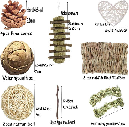 Set, Chinchilla, Conejo(22Pieces) Bunny Hamsters Chew Toys Straw Woven Bed Mat& Rabbit Pet Tooth Organic Natural Apple