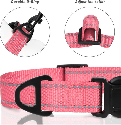 TagME Reflective Nylon Dog Collars, Adjustable Pet Collar for Medium Dogs, Baby Pink, 1.0" Width with Quick Release