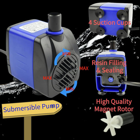 CHA-750 720L/H AC 110V Submersible Pump, 12W Quiet Water Pump for Fish Tanks and Ponds
