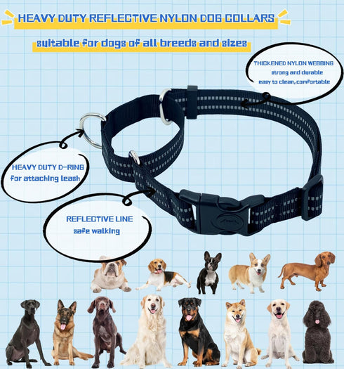 Martingale Dog Collars - Heavy Duty Nylon Reflective Collar with Quick Release Buckle for Dogs (Black, Extra Small)