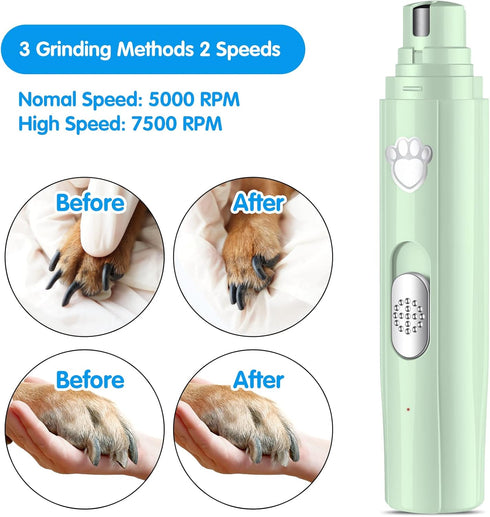 Dog Nail Grinder, 2-Speed Rechargeable Nail Trimmers for Large, Medium & Small Dogs, Quiet Grooming Tool for Cats