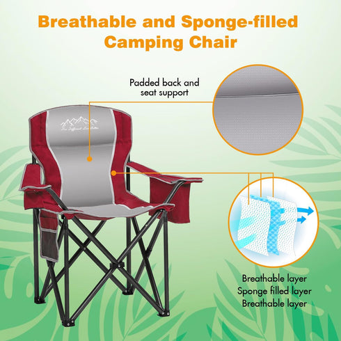 500 LBS, Camping Chair Portable Folding Outdoor Chair Heavy Duty Padded Chairs Lawn Chair with Cup Holder, Storage