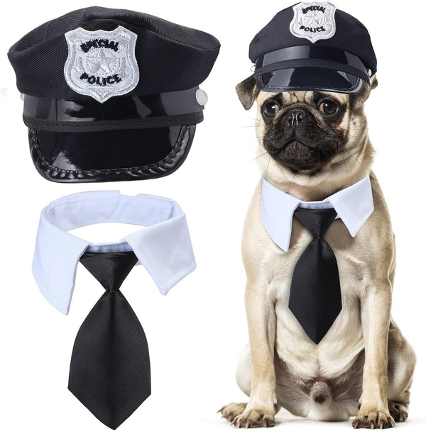 2 Pieces Pet Police Costume Accessory Set - Dog Cat Police Hat with Necktie for Halloween Party