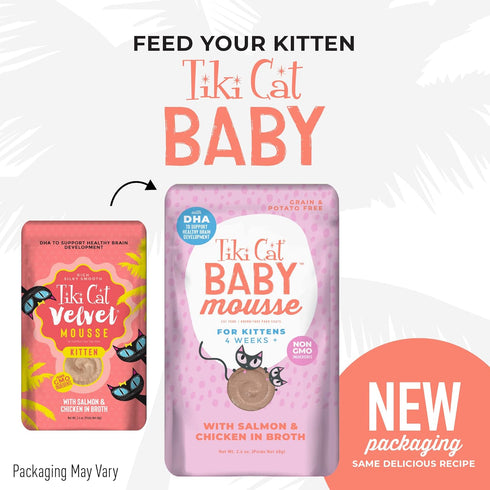 Tiki Cat Baby, Salmon & Chicken, Grain-Free Wet Cat Food for Kittens 4 Weeks+, 2.4 oz. Pouch (Pack of 12)