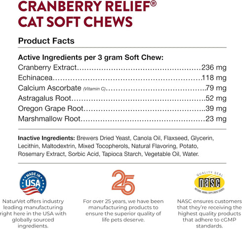 NaturVet Cranberry Relief Plus Echinacea for Cats - 60 ct Soft Chews, Made in The USA