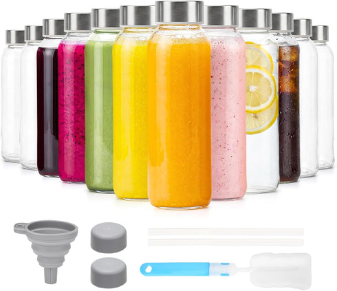 Luxfuel Glass Water Bottles with Lids 16 oz, 12 Pack Reusable Juice