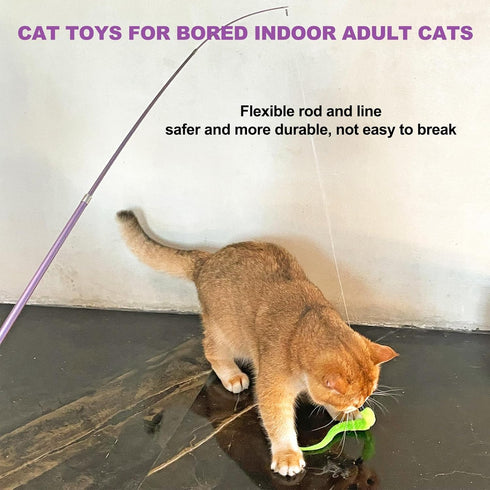 11PCS Cat Wand Toy, Interactive Toys for Indoor Cats, 2 Retractable Wands, 7 Worm Teaser Toys, 1 Plush Fish Toy, Extra