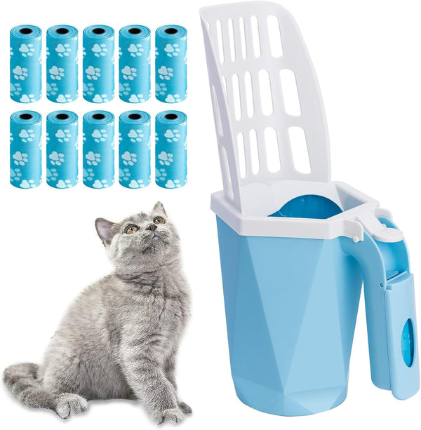 Cat Litter Scooper with Holder, Kitty Litter Scoop with 150 Refill Bags, Portable Cat Poop Scooper