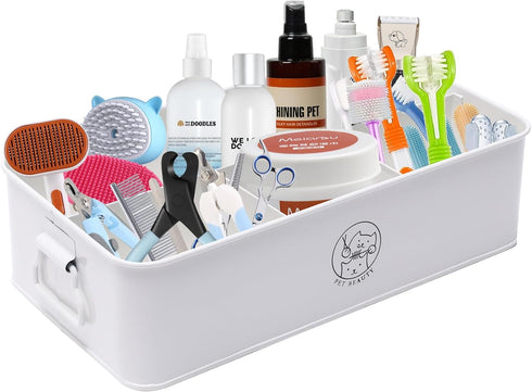 Premium 4-Compartment Dog Grooming Organizer,Metal Caddy for Pet Stuff with Handle-Powder Coated