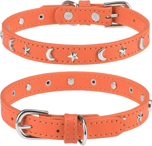 Leather Dog Collar for Small Medium Dogs, Adjustable Star Moon Rivet Studded, Rust-Proof Metal Buckle, Orange, Size