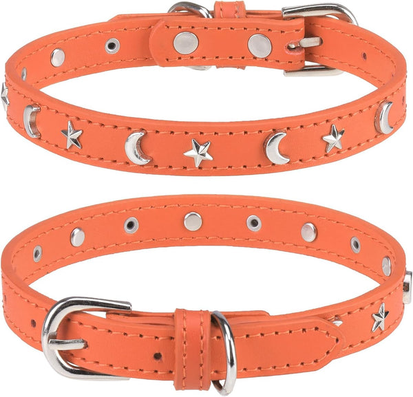 Leather Dog Collar for Small Medium Dogs, Adjustable Star Moon Rivet Studded, Rust-Proof Metal Buckle, Orange, Size