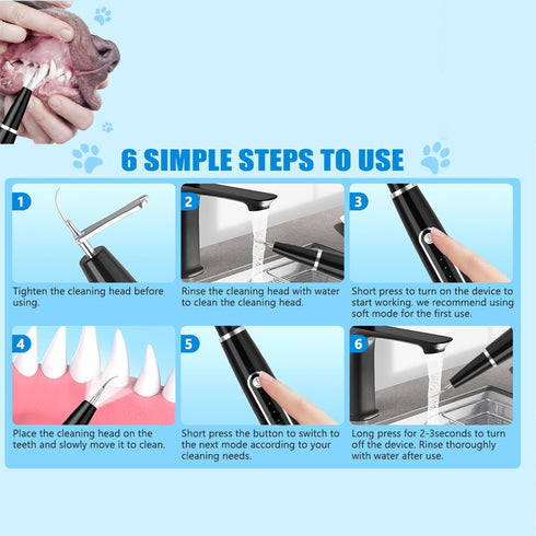 vertrojoy Stains,6 Pet Ultrasonic Plaque Remover,Tooth Cleaning Kit for Tartar and Modes Low Noise Sonic with LED