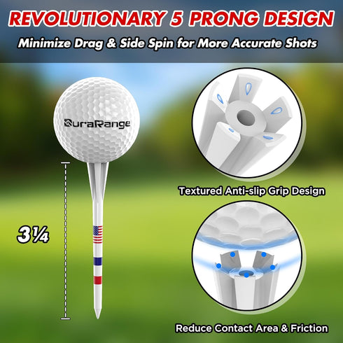 Premium Golf Tees - 5-Prong & 4-Prong Anti-Slip, 100-Pack for 360cc Drivers