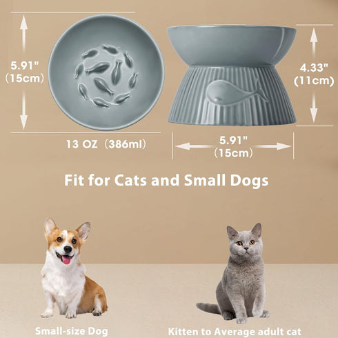Elevated Slow Feeder Bowl for Cats and Small Dogs, Ceramic Anti-Tipping & Spill-Proof, Easy to Clean, No Black Chin