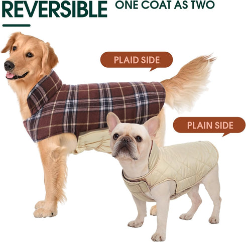 Kuoser Waterproof Dog Coat, Reversible Jacket for Large Dogs, Adjustable Winter Coat for Cold Weather, Brown L
