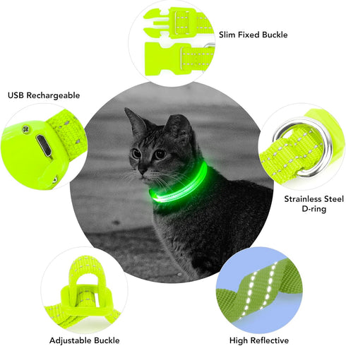 Light Up Dog Collar for Small Dogs - Vizpet XS Adjustable Nylon USB Rechargeable Safety Collar for Cats Dogs (Green)
