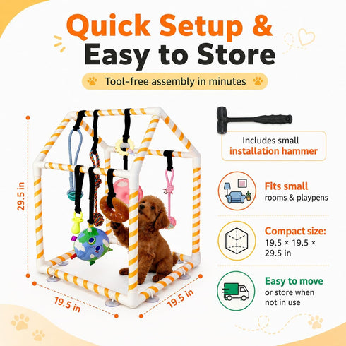 TAdgnba 8 Puppy Play Gym for Small Dogs, Dog Jungle Gym with Hanging Toys & Bungee Straps PVC Frame Indoor Jungle