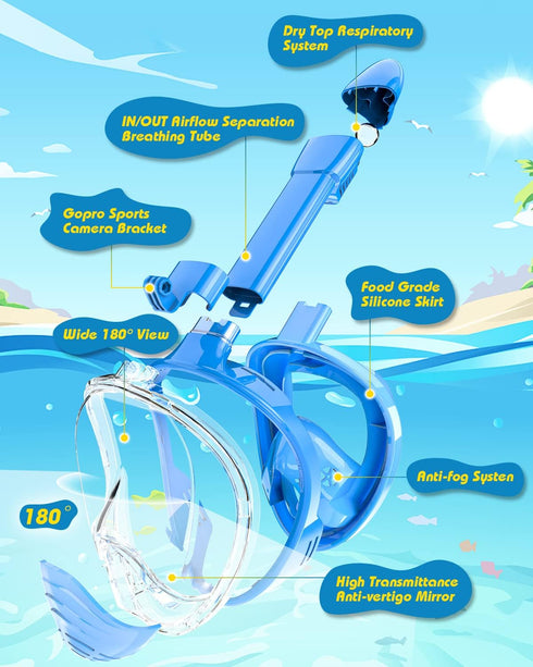 QingSong Kids Snorkel Mask Full Face, Snorkeling Set with Camera Mount, 180 Degree Panoramic View