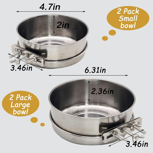Hamiledyi 2 Pcs Dog Crate Bowl Stainless Steel Puppy Bowls Durable Spill-Proof Pet Water Bowl Hanging Water/Food Metal Bowls for Puppy Medium-Sized Dogs Cats (4.7" x 2" & 6.3" x 2.3")