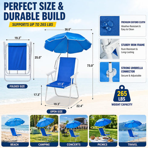 265 lbs, Beach Chair with Umbrella, Folding Portable Lightweight Chair with Detachable Umbrella for Adults, High Back