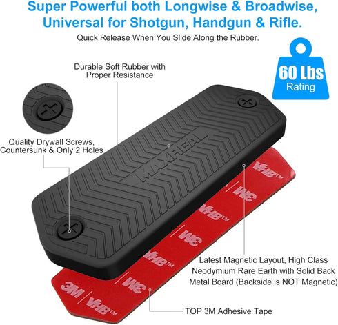 MAXREAL 60lbs (2-Pack) Gun Magnet Rated.HQ Rubber Coated Magnetic Pistol Mount & Holster for Vehicle, Truck, Home, Car