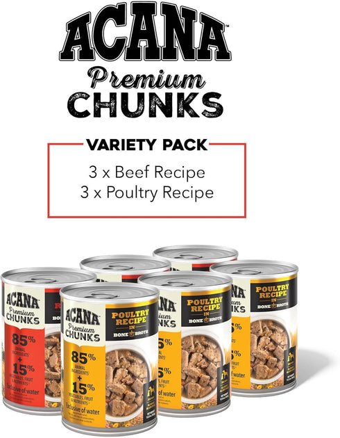 Pack: 12.8oz (6 Count, 3 ACANA Premium Chunks in Bone Broth Grain-Free Wet Dog Food Variety Beef + Poultry Recipes Cans