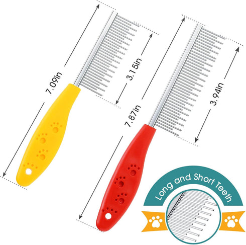 Patelai 2 Pieces Pet Hair Comb, Stainless Steel Grooming Comb for Small Dogs, Cats, Rabbits, Red and Yellow