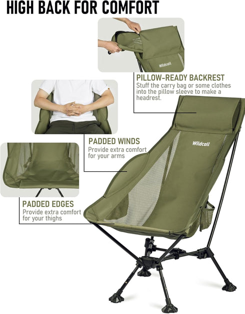 WildCall Lightweight Folding High Back Camping Chair with Head Support, Compact Beach Chair with Anti-Sinking Large