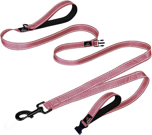 Double Handle Heavy Duty Dog Leash, Built-in Elastic, Reflective Stitching for High Visibility, Pink