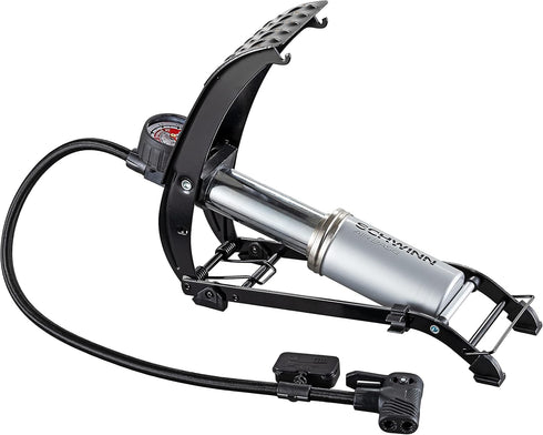 Schwinn Air Base Foot Operated Bike Pump, Dual Pump Head, Fits Presta and Shrader Valves, Max PSI 100, 23-Inch Fabric Hose, Easy to Read Gauge,Grey by Schwinn