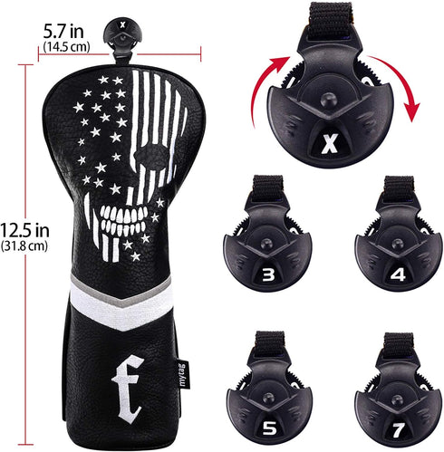mytag Golf Skull Skeleton Head Cover, Black Leather Golf Club Headcovers Set for Driver, Fairway Wood