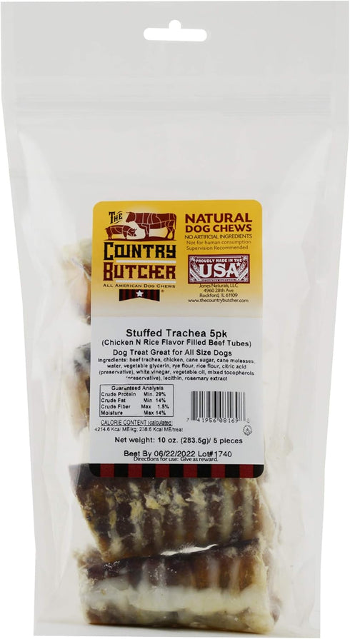 Filled Beef Trachea Dog Treats, Glucosamine and Chondroitin for Joint Health, Natural, Tough, Stuffed Chew Toy, Made in The USA, Chicken N Rice, 5 Count - Rawhide Free, No Bone