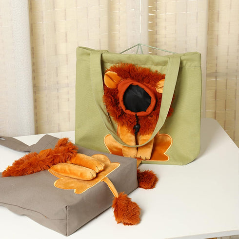 Dog Tote Bag with Zipper - Cat Shoulder Carrier, Lion-Shaped Pet Canvas Bag for Daily Use, Walking, Travel (L, Dark