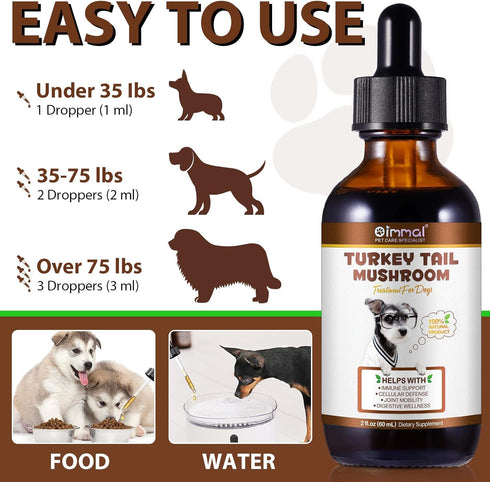 QwsYaay Immune, 60ml Turkey Tail Mushroom for Dogs, Mushroom Blend, Turmeric & Probiotic for Digestive & Joint Support