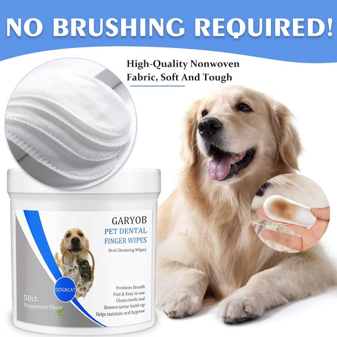 GARYOB Pet Dental Fingers Wipes, Oral Cleansing Teeth Wipes Pads for Dogs and Cats, 50 Pcs